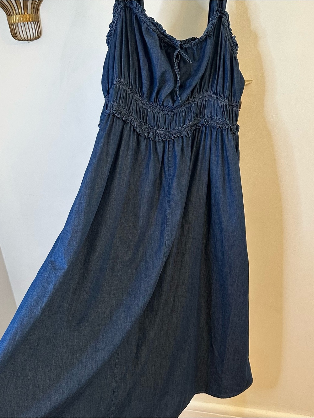 Gap Denim Milkmaid Cotton Western Smocked Tie Front Midi Casual Dress, Size XL - Picture 4 of 15